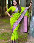 Green Soft Silk Floral Border Contrast Zari Woven Saree