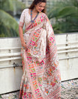 Cream Pashmina Kashmiri Silk Zari Woven Saree