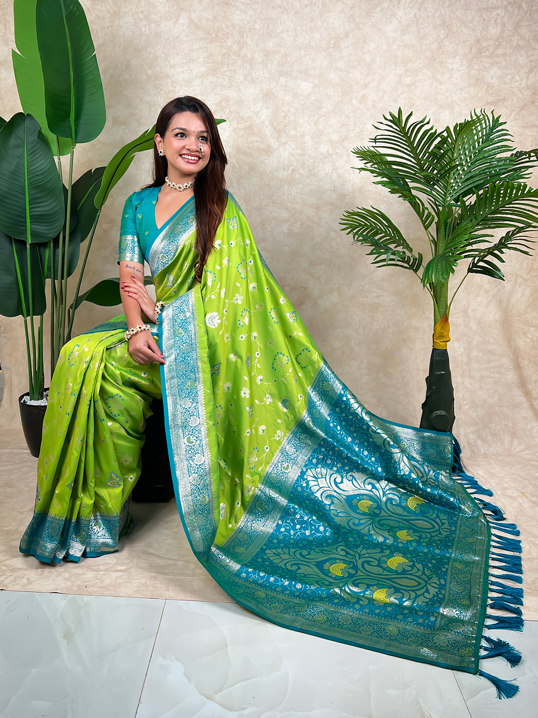 Pista Green Banarasi Jaal Zari Woven Silk Saree