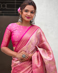 Baby Pink Kanjivaram Soft Tissue Silk Leheriya Traditional Zari Woven Saree