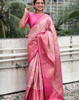 Baby Pink Kanjivaram Soft Tissue Silk Leheriya Traditional Zari Woven Saree