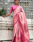 Baby Pink Kanjivaram Soft Tissue Silk Leheriya Traditional Zari Woven Saree