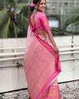 Baby Pink Kanjivaram Soft Tissue Silk Leheriya Traditional Zari Woven Saree