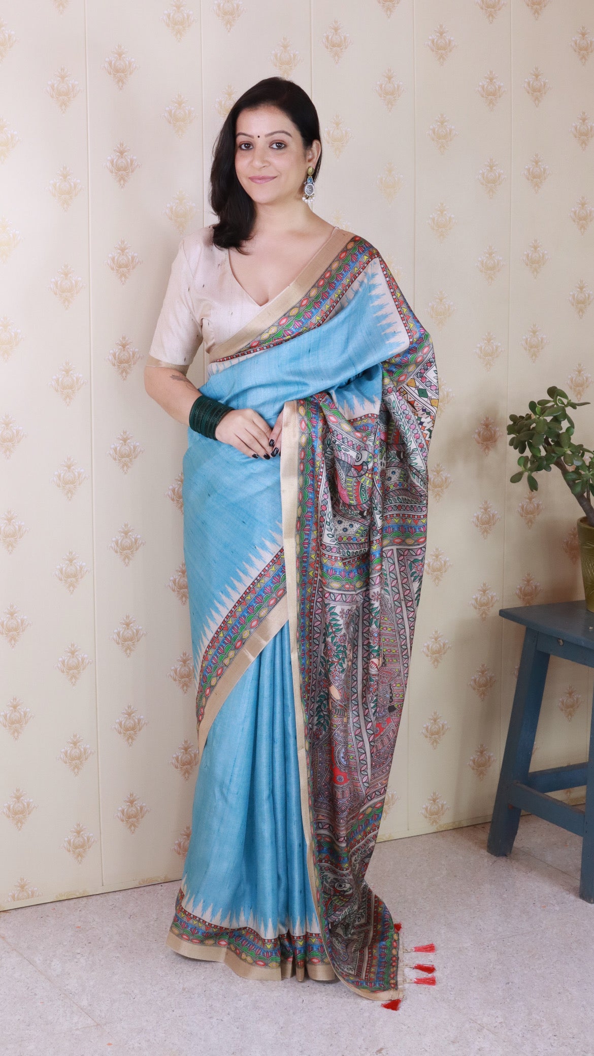 Sky Blue Tussar Silk Dusty Madhubani Printed Saree with Zari Woven Border