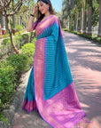 Light Blue Soft Silk Floral Border Contrast Zari Woven Saree