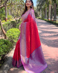 Peach Soft Silk Floral Border Contrast Zari Woven Saree