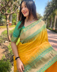 Yellow Soft Silk Floral Border Contrast Zari Woven Saree