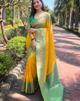 Yellow Soft Silk Floral Border Contrast Zari Woven Saree