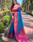 Blue Soft Silk Floral Border Contrast Zari Woven Saree