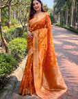 Pumpkin Orange Organza Floral Dual Zari Woven Saree with Unstitched Blouse