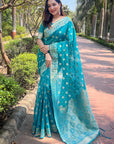 Pacific Blue Organza Floral Dual Zari Woven Saree with Unstitched Blouse