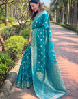 Pacific Blue Organza Floral Dual Zari Woven Saree with Unstitched Blouse