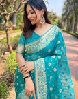 Pacific Blue Organza Floral Dual Zari Woven Saree with Unstitched Blouse