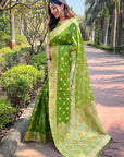 Nasty Green Organza Floral Dual Zari Woven Saree with Unstitched Blouse