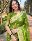 Nasty Green Organza Floral Dual Zari Woven Saree with Unstitched Blouse