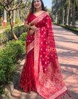 Pink Organza Floral Dual Zari Woven Saree with Unstitched Blouse