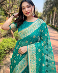 Bluish Green Organza Floral Dual Zari Woven Saree with Unstitched Blouse