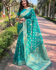 Bluish Green Organza Floral Dual Zari Woven Saree with Unstitched Blouse