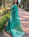 Bluish Green Organza Floral Dual Zari Woven Saree with Unstitched Blouse