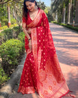 Red Organza Floral Dual Zari Woven Saree with Unstitched Blouse