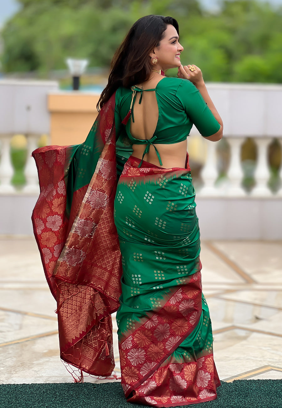 Green with Red Soft Silk Floral Border Contrast Zari Woven Saree