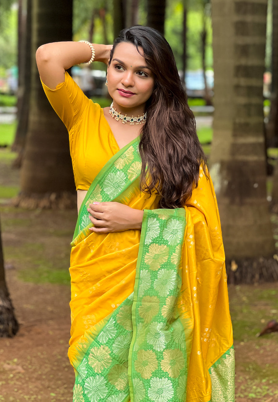 Yellow Soft Silk Floral Border Contrast Zari Woven Saree