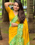 Yellow Soft Silk Floral Border Contrast Zari Woven Saree