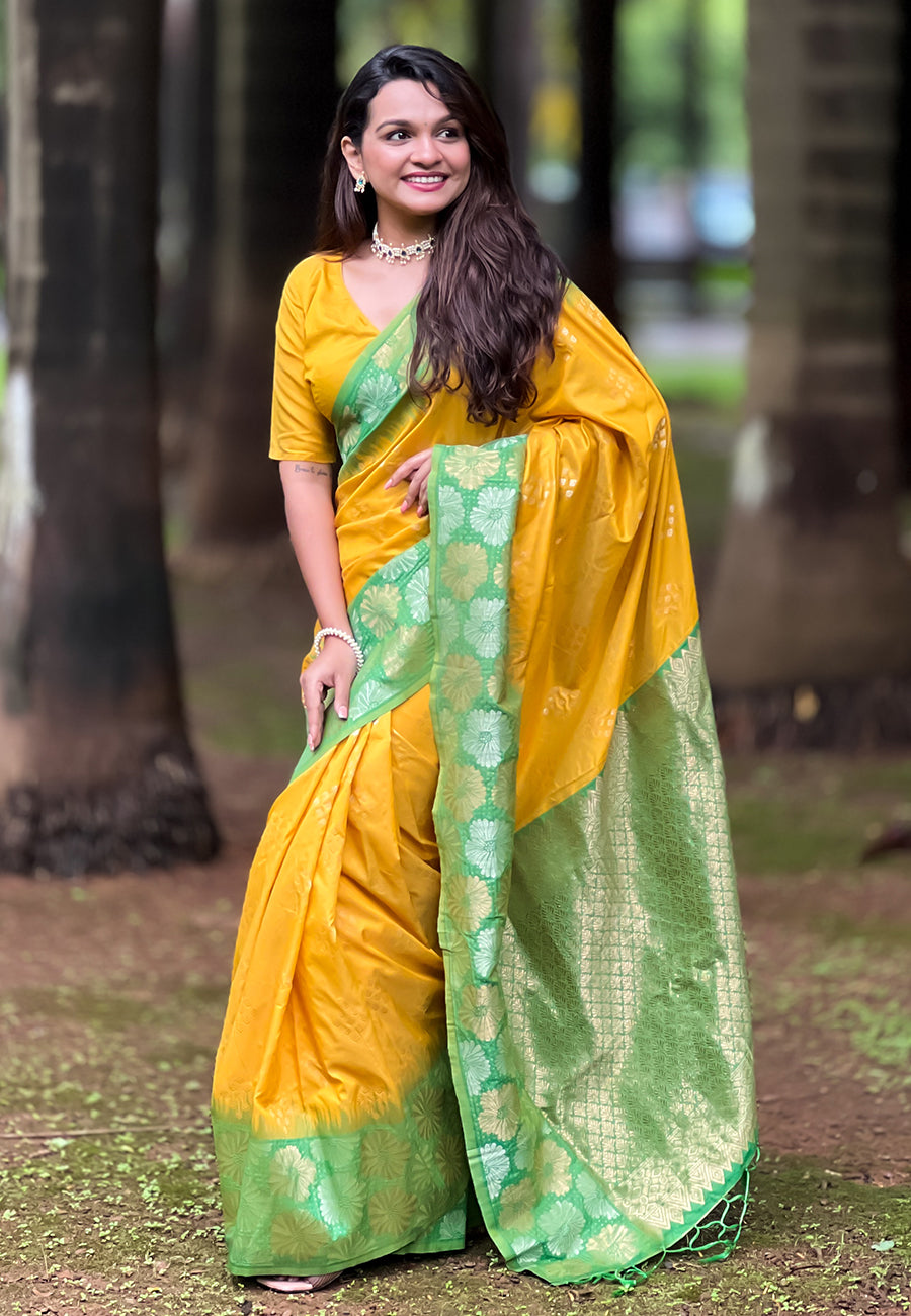 Yellow Soft Silk Floral Border Contrast Zari Woven Saree