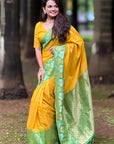 Yellow Soft Silk Floral Border Contrast Zari Woven Saree