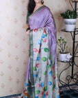 Lavender Soft Tussar Silk Kalamkari Unique Printed Zari Woven Saree