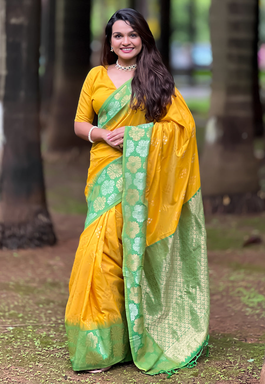 Yellow Soft Silk Floral Border Contrast Zari Woven Saree