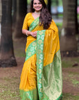 Yellow Soft Silk Floral Border Contrast Zari Woven Saree