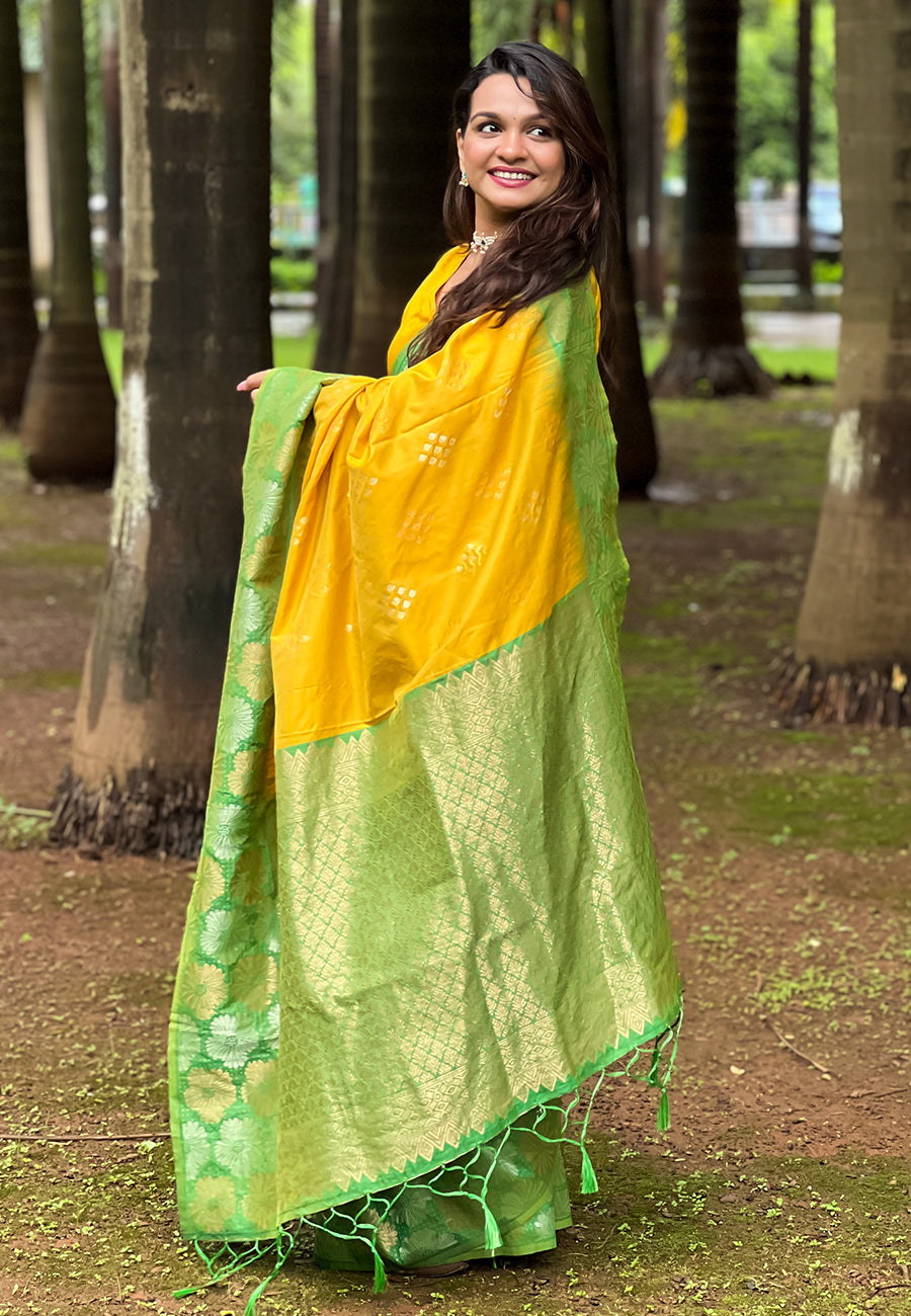 Yellow Soft Silk Floral Border Contrast Zari Woven Saree