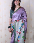 Lavender Soft Tussar Silk Kalamkari Unique Printed Zari Woven Saree