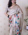 Cream Soft Tussar Silk Kalamkari Unique Printed Zari Woven Saree