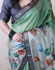 Pista Green Soft Tussar Silk Kalamkari Unique Printed Zari Woven Saree