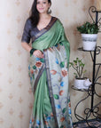 Pista Green Soft Tussar Silk Kalamkari Unique Printed Zari Woven Saree