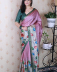 Coral Pink Soft Tussar Silk Kalamkari Unique Printed Zari Woven Saree