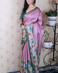 Coral Pink Soft Tussar Silk Kalamkari Unique Printed Zari Woven Saree