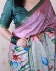 Coral Pink Soft Tussar Silk Kalamkari Unique Printed Zari Woven Saree