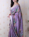 Lavender Soft Tussar Silk Nature Printed Zari Woven Saree