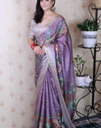 Lavender Soft Tussar Silk Nature Printed Zari Woven Saree