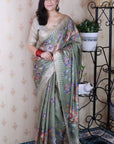 Pista Green Soft Tussar Silk Nature Printed Zari Woven Saree