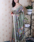 Pista Green Soft Tussar Silk Nature Printed Zari Woven Saree