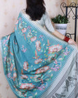 Dusty Blue Soft Tussar Silk Nature Printed Zari Woven Saree