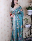 Dusty Blue Soft Tussar Silk Nature Printed Zari Woven Saree