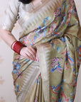 Dusty Gold Soft Tussar Silk Nature Printed Zari Woven Saree