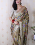 Dusty Gold Soft Tussar Silk Nature Printed Zari Woven Saree