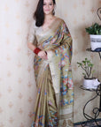 Dusty Gold Soft Tussar Silk Nature Printed Zari Woven Saree