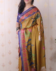Gold Soft Tussar Silk Pichwai Traditional Printed Zari Woven Saree